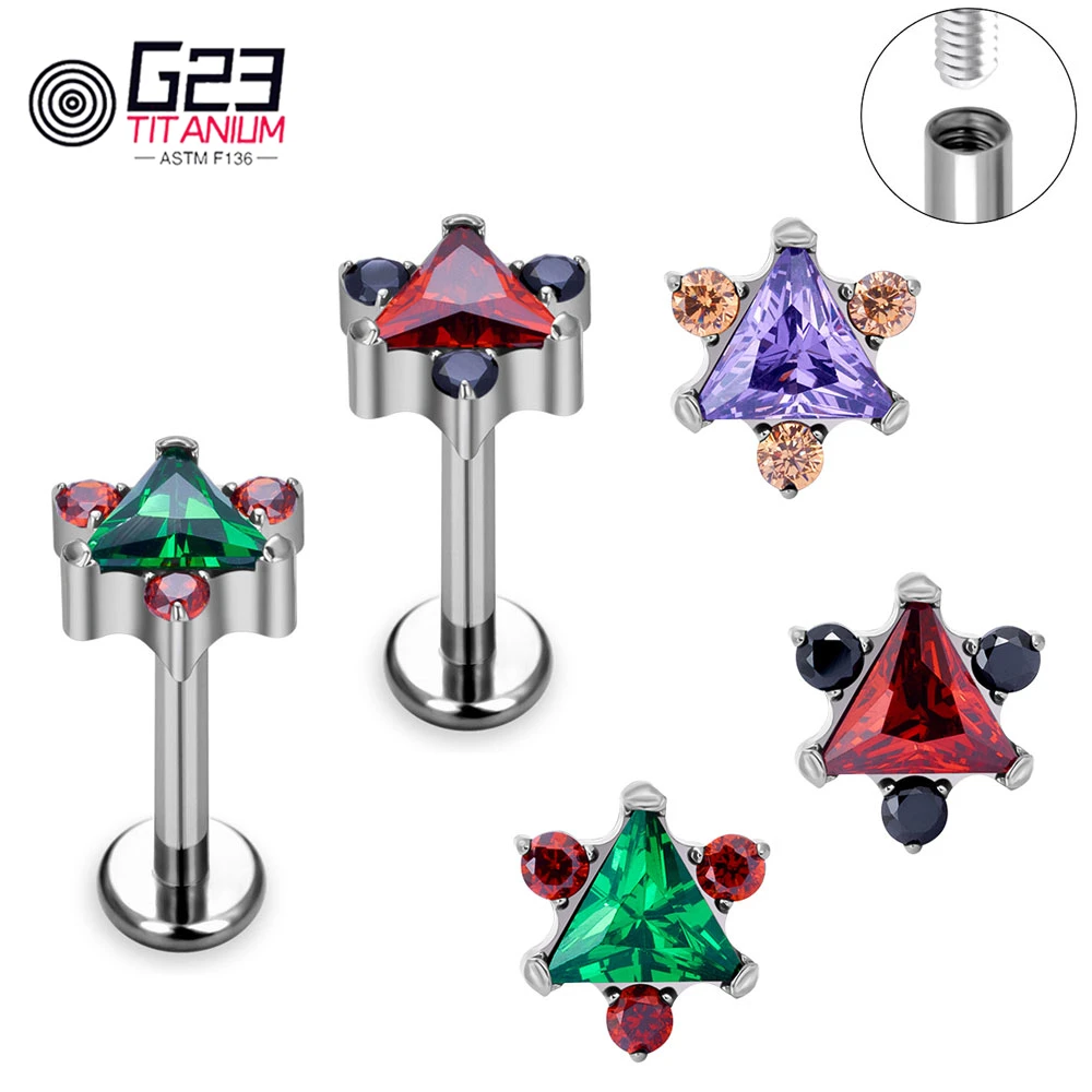 

F136 титановые красные треугольные серьги-гвоздики для губ, носа, резьбовые серьги для губ, манжеты, Женские Ювелирные изделия для пирсинга тела