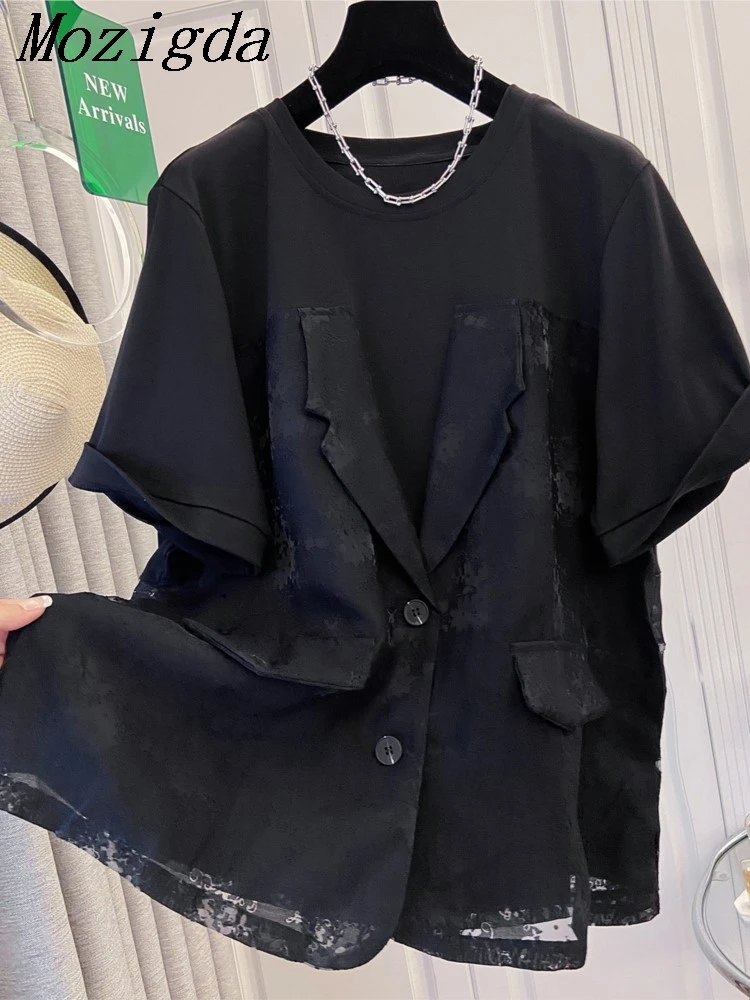

Black Hollow Out Splice Short Sleeve Fake Two-Piece Women's T-shirt Summer Casual Design Sense Plus Size Fashionable Ladies Tops