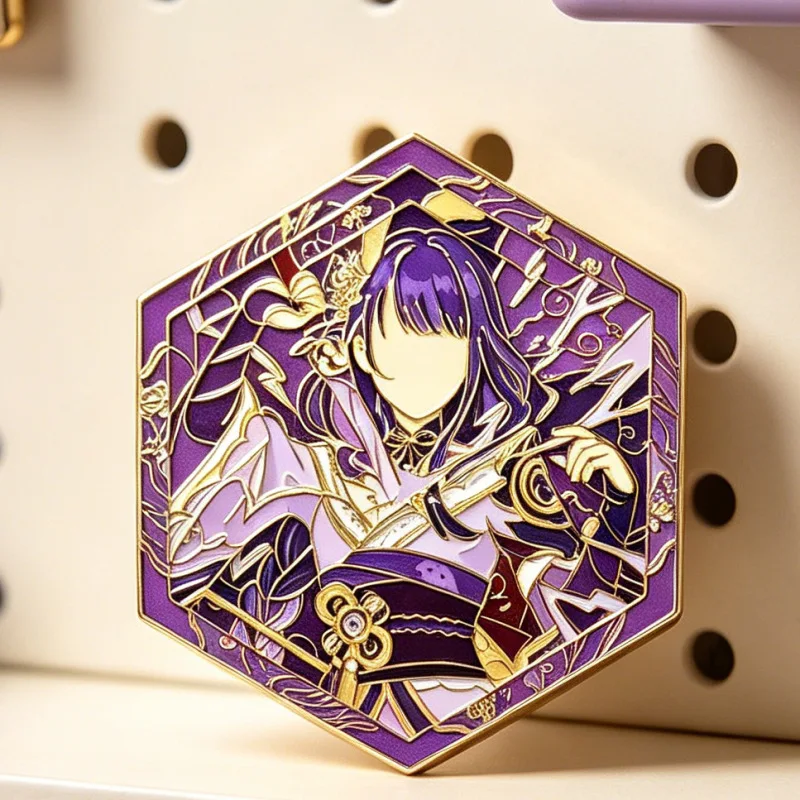 Genshin Impact Raiden Shogun Hexagon Enamel Pin Badge Fan Made Anime Game Brooch Collectible Gift