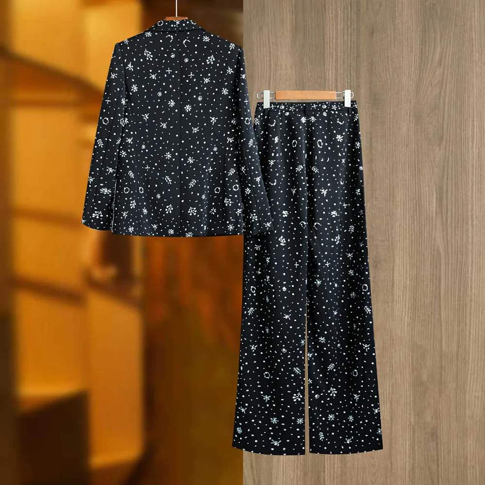 Fine Workmanship Hot Drilling Lady Office Suit Notched Long Sleeve Slim Fitted Blazer Wide Legs Pants Women 2pcs