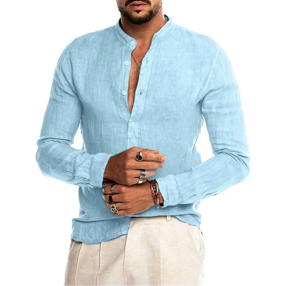 Men's Cotton Linen Long Sleeve Shirts Summer Special Wide Fit Thickened Fleece Autumn  Collar Nine Points Sleeve Shirt