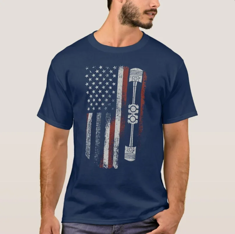 Vintage Patriotic American Flag Piston Muscle Car T-Shirt New 100% Cotton Short Sleeve O-Neck T Shirt Casual Mens Top
