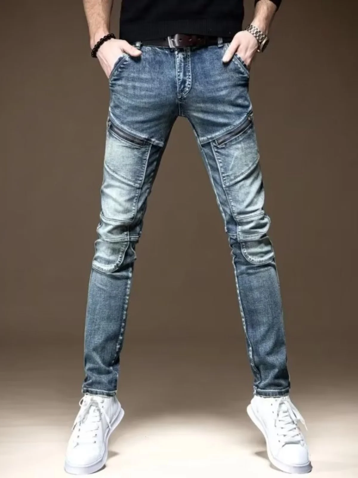 

Retro American Washed Slim Fit Men's Jeans Casual Elastic Motorcycle Workwear Pants High End Leisure Long Trousers