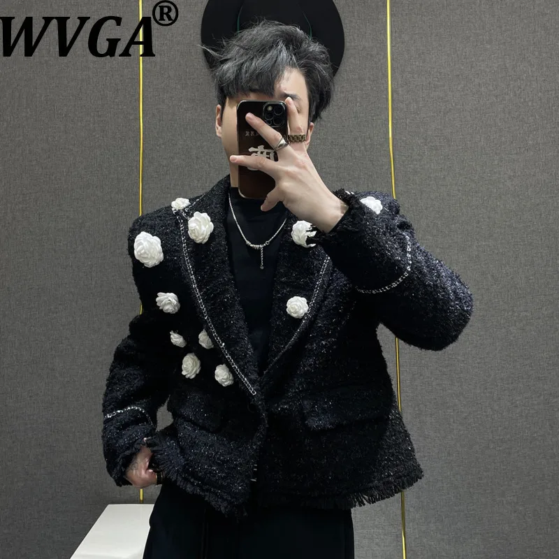 

WVGA New Men Tide Spring Autumn Three-Dimensional Floral Trendy Blazer Niche Chic Casual Tweed Short Padded Shoulder Coat W18393