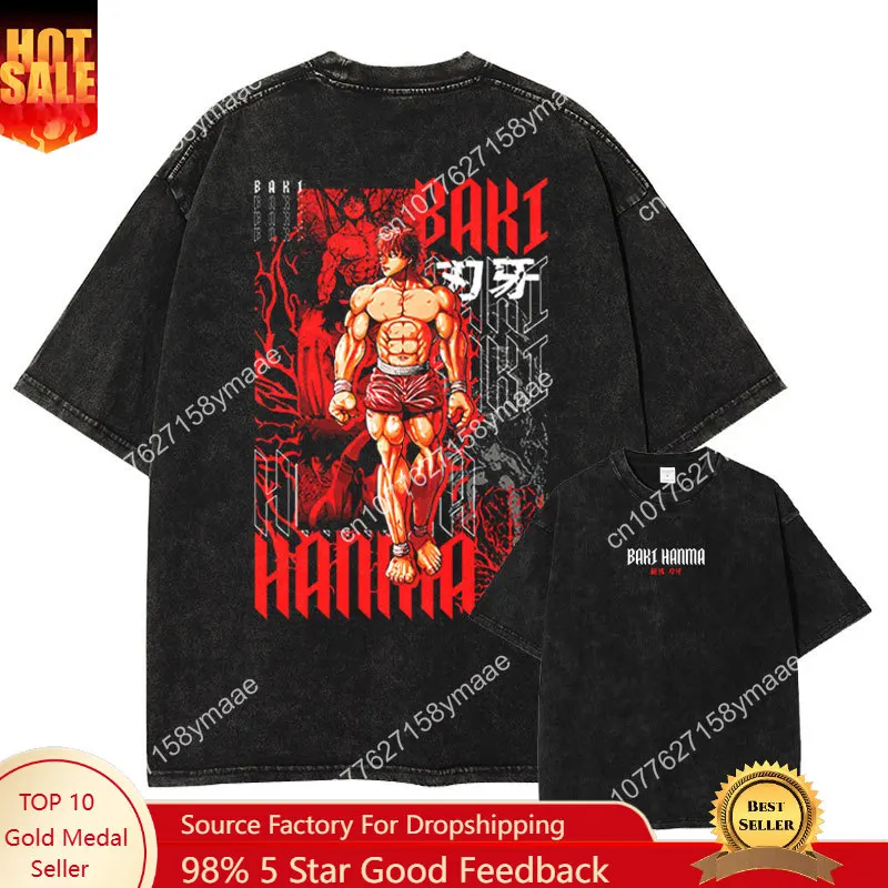 

Anime Grappler Baki T-shirts Oversized Vintage Washed Hanma Baki T Shirt Manga Yuujirou Baki The Grappler T Shirt for Man Cotton