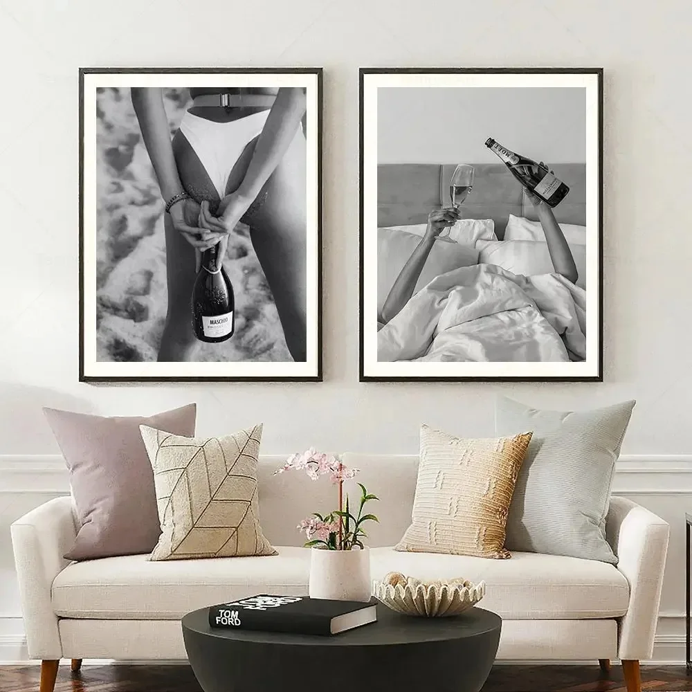 Black and White Sexy Woman Drinking Wine Champagne High Heels Car Canvas Poster Vintage Feminist Photography Picture Home Decor