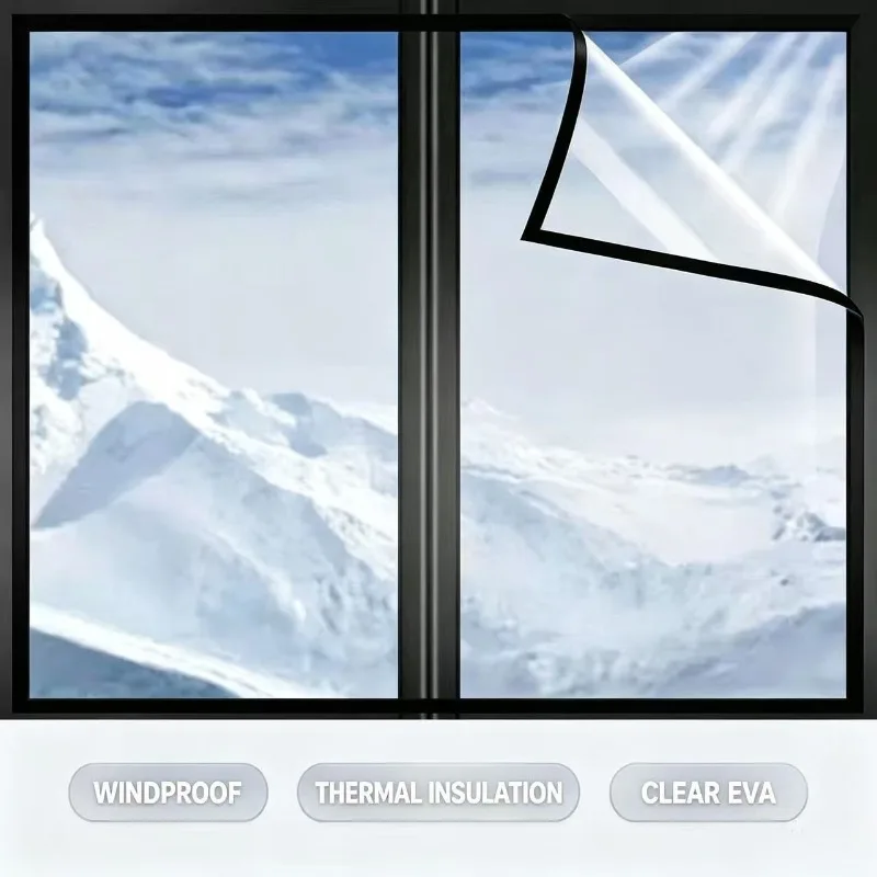 Clear EVA Window Insulation Film,Hook&Loop Self‑Adhesive Windproof Cold‑Proof Thermal Window Cover for Winter Home Energy Saving