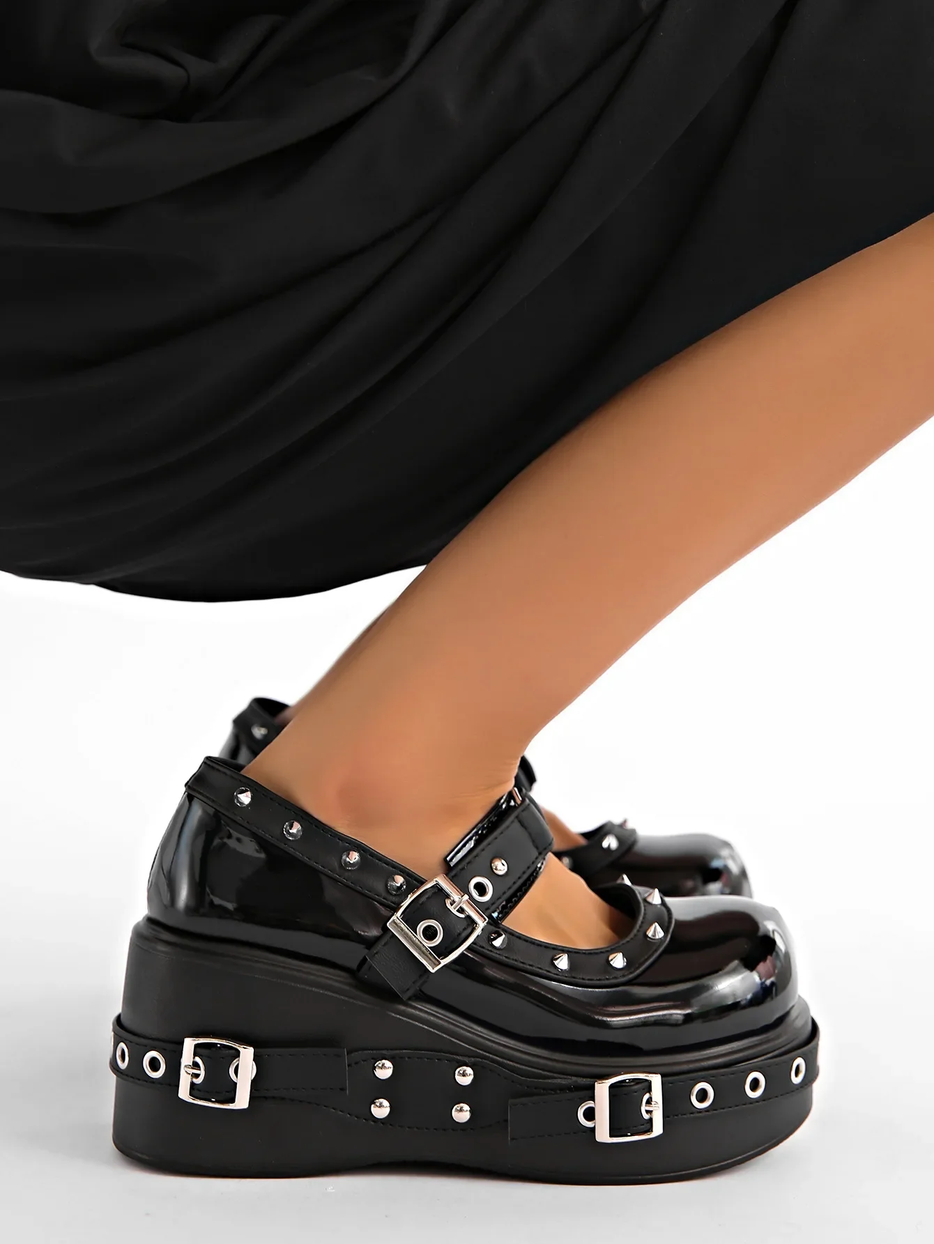 Damen Plus Size 35-42 Mary Jane Schuhe, Plateau T-Strap Pumps, Nietenbesetzte Schwarze Leder-Freizeitschuhe, Cosplayer Punk-Stil Schuhe – Detail 19
