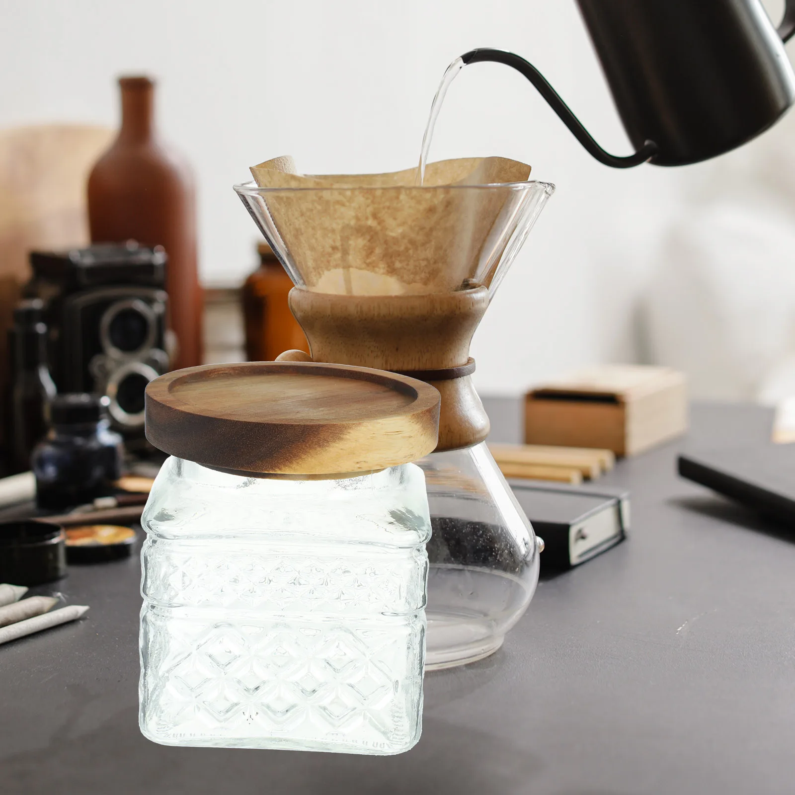 

Seal Canisters Square Glass Jar Wood Lid Airtight Containers Coffee Containers Food Honey Tea Sugar Flour Baking Storage