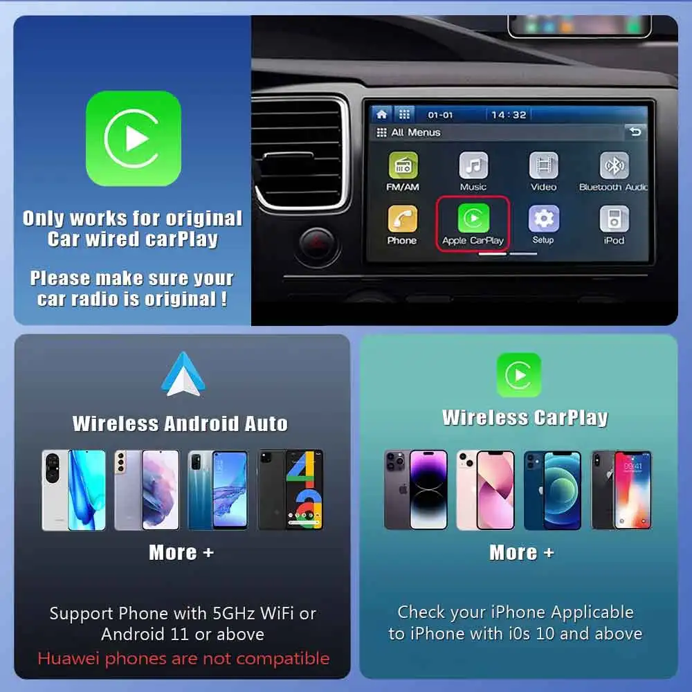 New 2 in 1 Box Wireless CarPlay Android Auto Wireless Adapter Spotify For Mazda Toyota Mercedes Peugeot Volvo Support Netflix