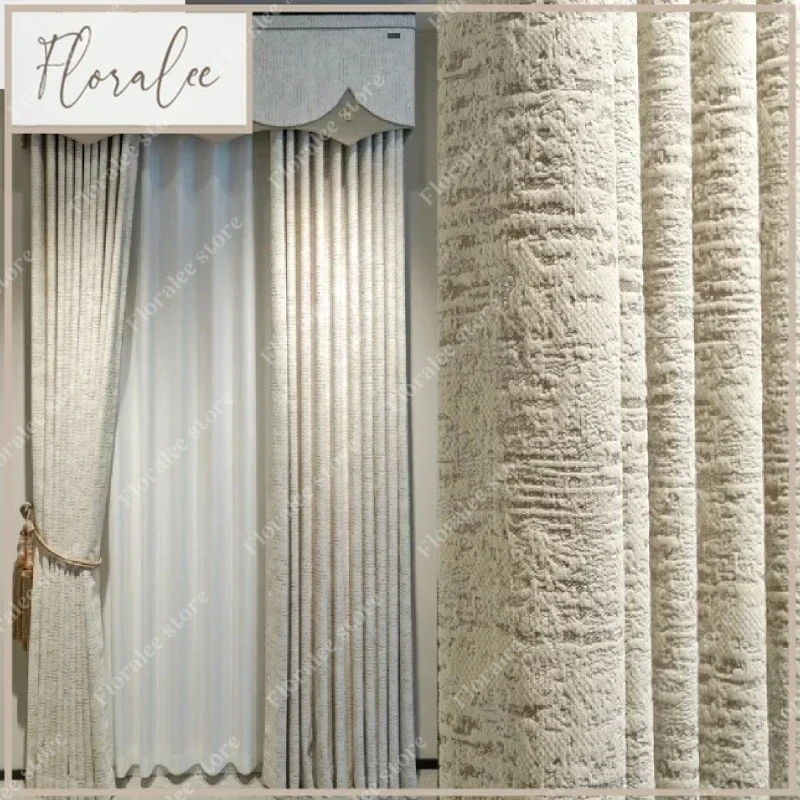 

High-end Cream White Marble Jacquard Chenille Curtains For Living Room Bedroom Balcony Customized Valance Finished Product