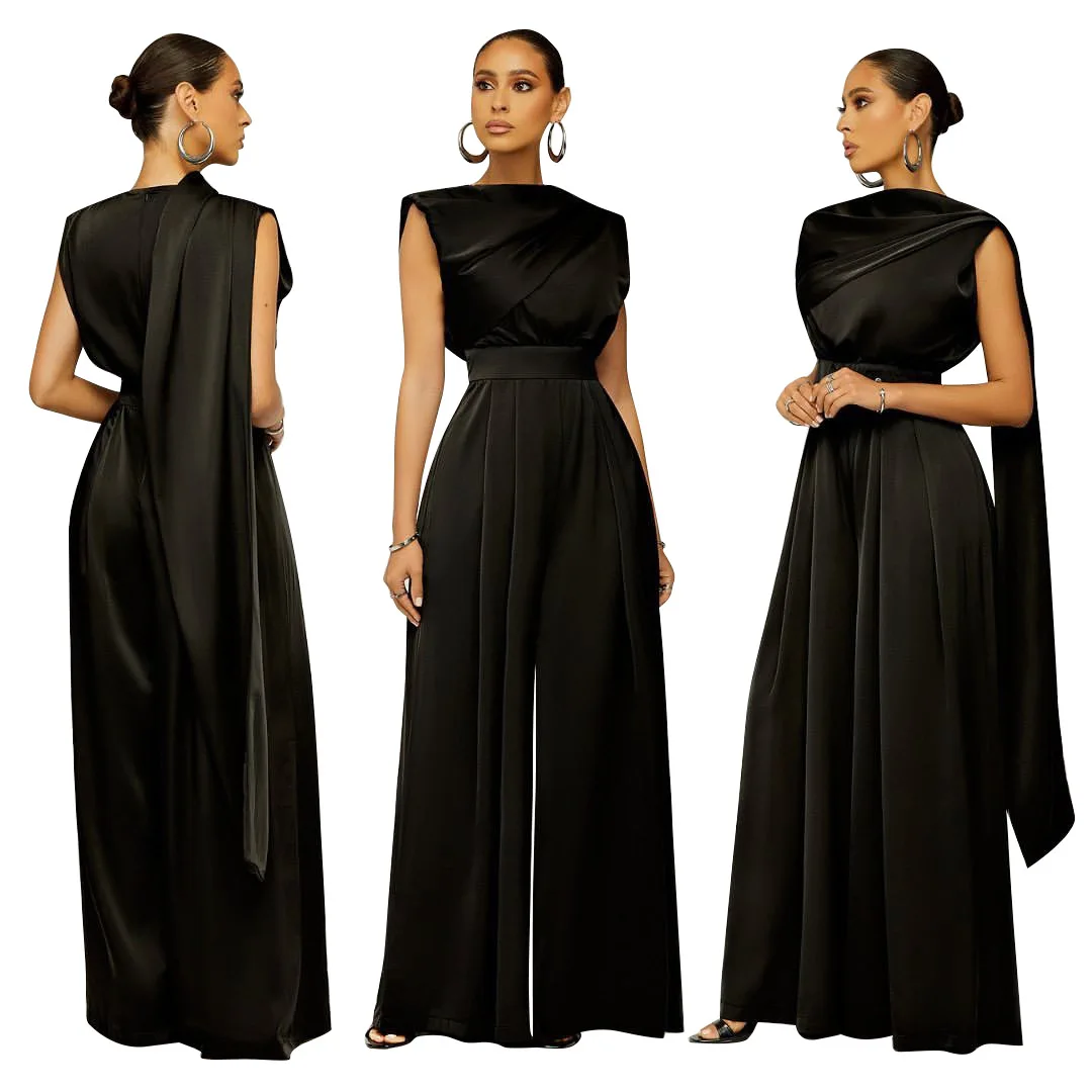 Sexy  Color round Ne oulder Cover Jumpsuit Women's Summer Faion Street Sle l Waist Long Straight Leg Pants