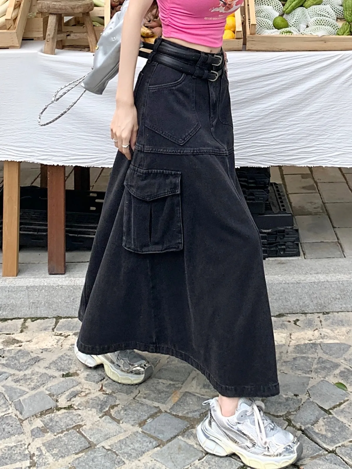 ZHISILAO A-line Long Denim Skirt for Women Vintage Y2K Pocket High Waist Cargo Skirt Autumn Summer 2023