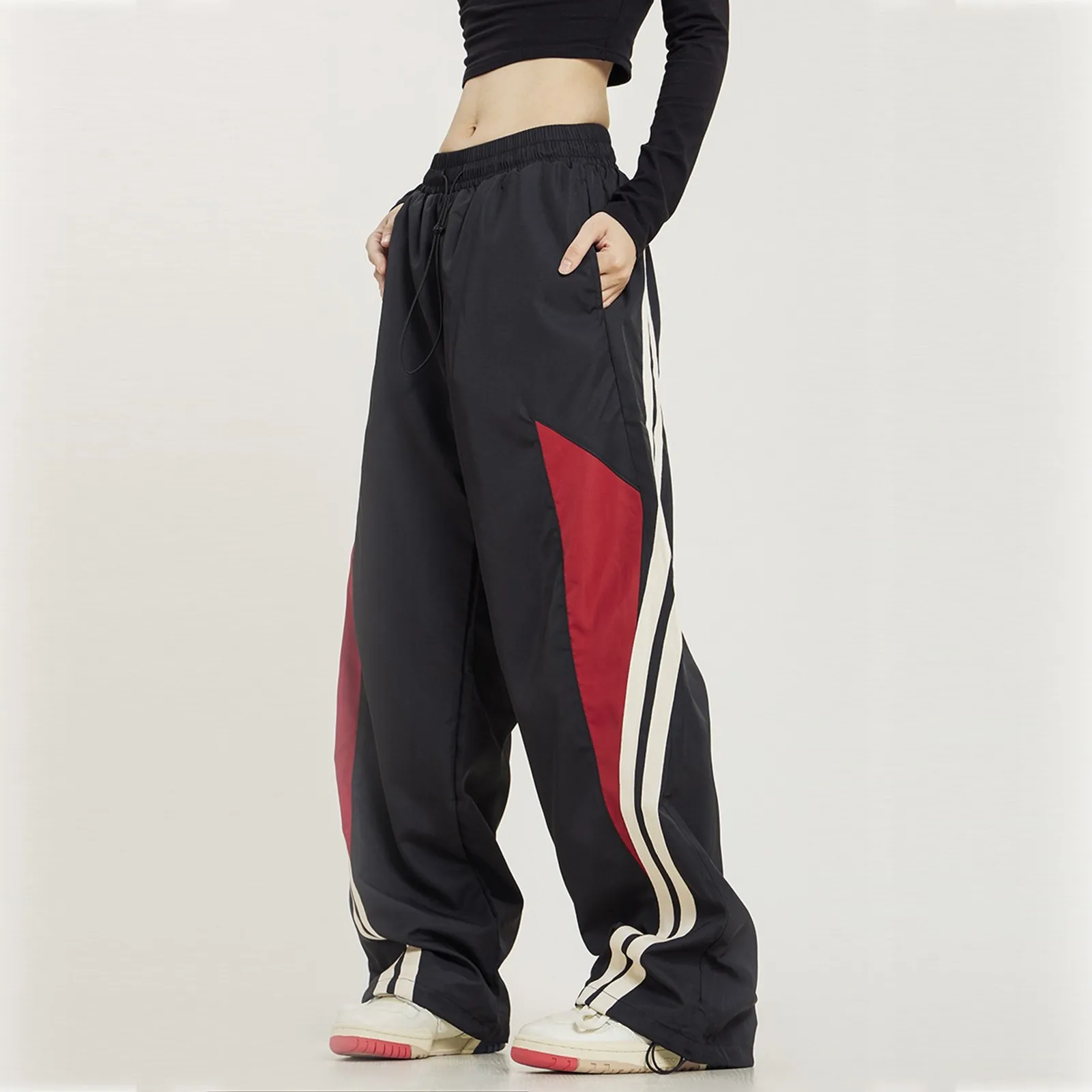 

American Style Women Patchwork Pants Retro Streetwear Elastic Waist Jogging Trousers High Waist Loose Wide Leg Parachute Pants