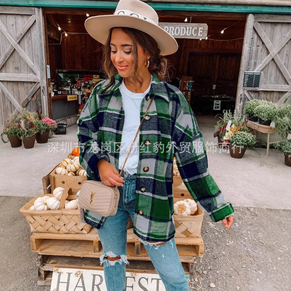 Europe America 2025 Autumn and Winter New Fashion Large Plaid Shirt Women's Woolen Jacket