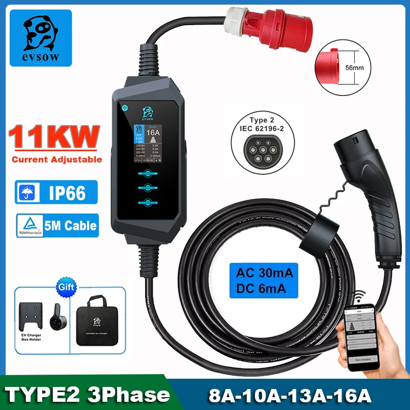 evsow Portable EV Charger Type2 11KW 16A 3Phase Electric Car Charger With WIFI APP Control Adjustable Current&Timing Charging 5M