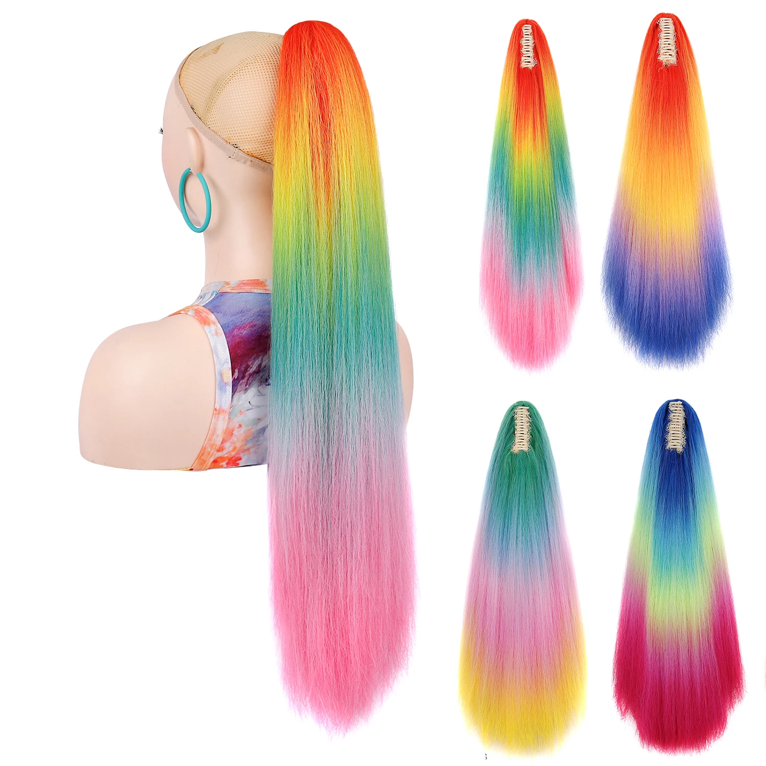 Jeedou 포니테일 헤어 익스텐션 클로 클립 온 야키 스트레이트 포니테일 레인보우 옴브레 컬러 합성 헤어피스 코스프레 가발