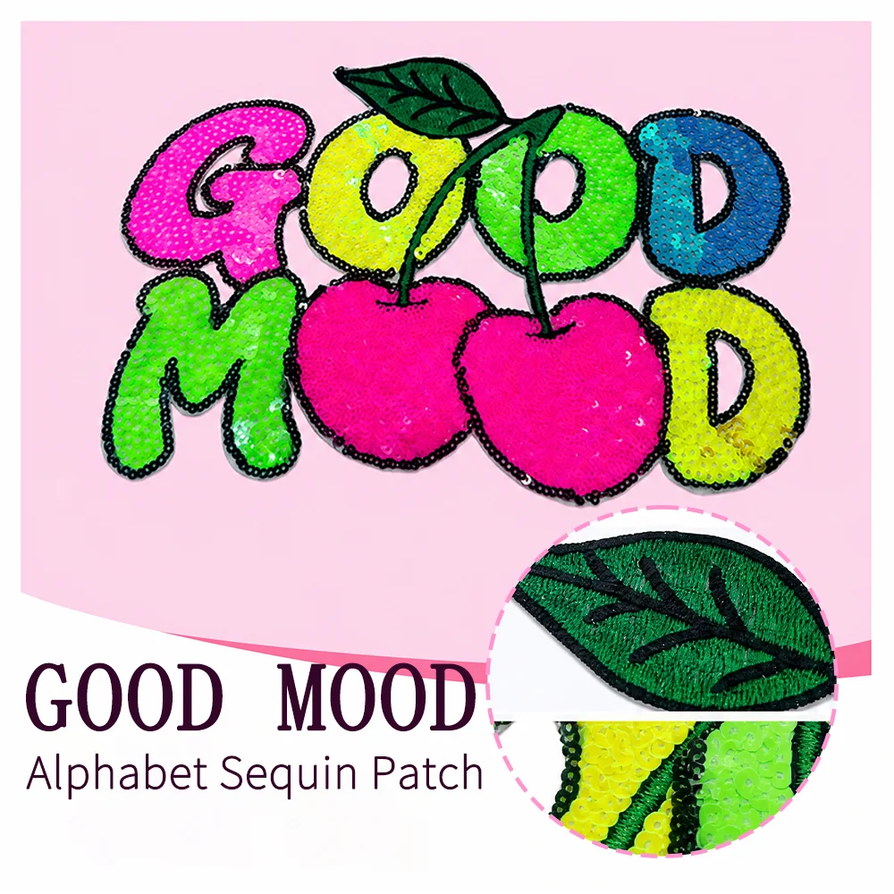 1 Stück GOOD MOOD Kirsch-Pailletten-Stickerei-Aufnäher – Modische, vielseitige Bügelapplikation für DIY-Jacken, Taschen, Lochreparatur und Dekoration