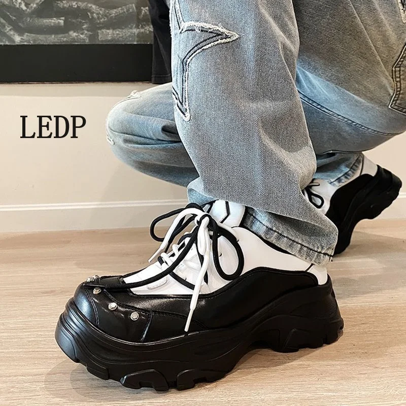 LEDP Men's Derby Casual Shoes 2024 Spring and Autumn Trend Platform Daddy Rivets To Design Everything with Niche Metal Trim