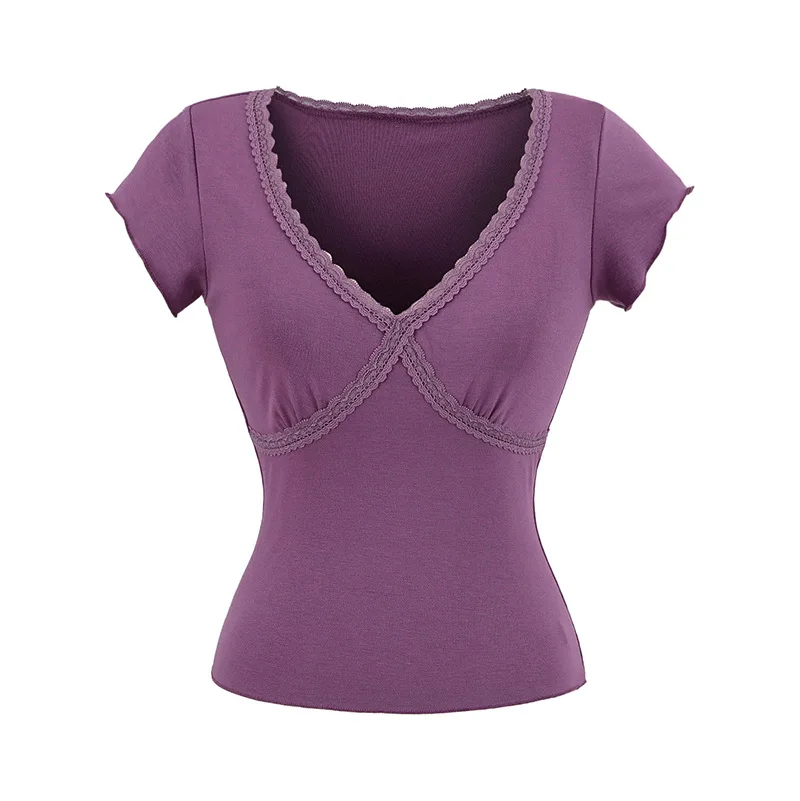 Spicy Girl Deep V-Neck Lace Patchwork Short Sleeve 2025 New Slim-Fit Waist-Cinching Straight-Shoulder T-Shirt with Shorts   RD9X