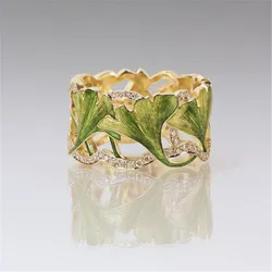 Enamel Two-color Gingko Leaf Ring for Women Metal Gifts Crystal Fashion Jewelry Accessories Gifts