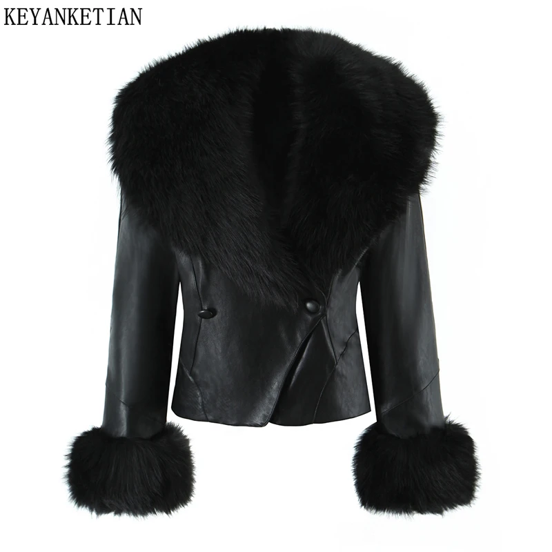 

KEYANKETIAN 2025 Winter New Women Artificial Fur Collar Decorated Faux Leather Jacket Double Breasted Lace Up Slim Crop Blazer