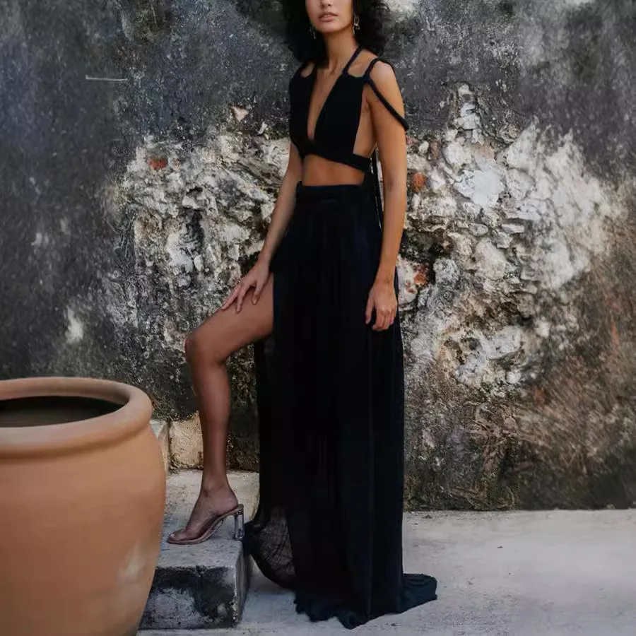 الربيع والصيف 2024 أوروبا والولايات المتحدة نمط جديد الأربطة مرونة انقسام تنورة دعوى فضفاضة عطلة المرأة قطعتين مجموعة