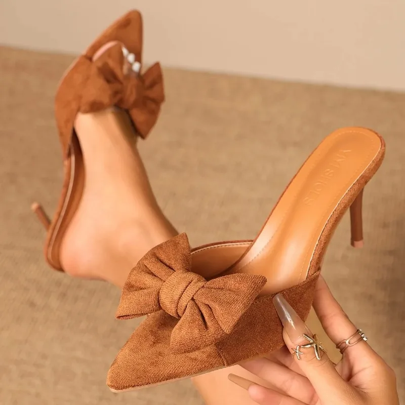Pure Color Butterfly Knot Slim Heel Sharp Point Velvet Surface Fish Mouth High Heel Slippers for Women Fashionable Casual Style
