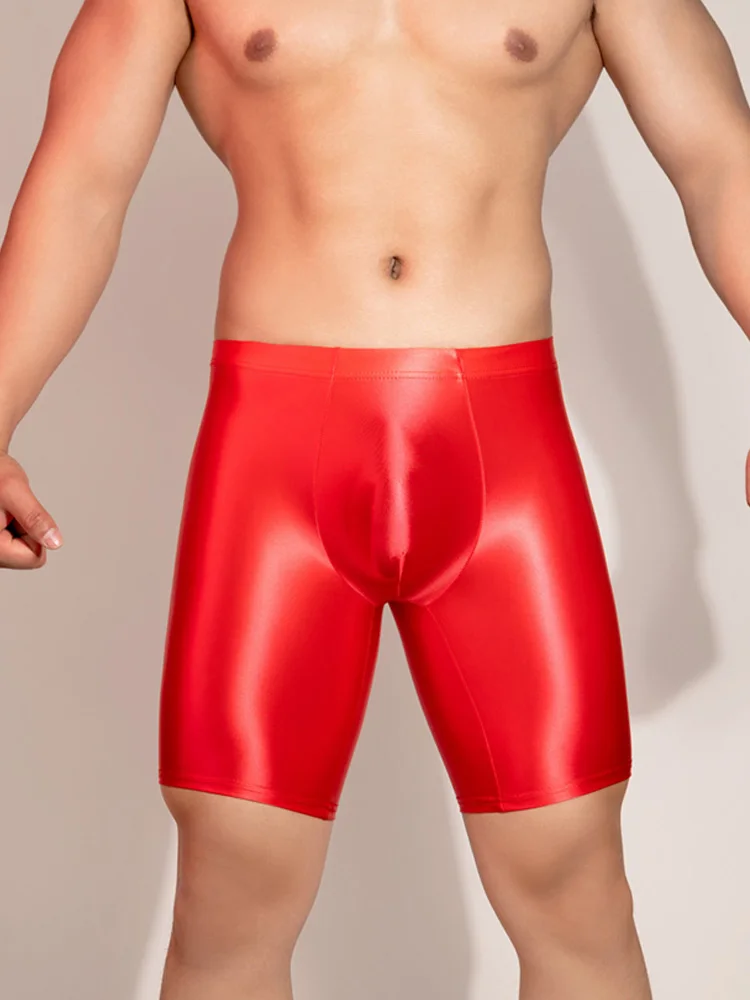 Sexy Men Satin Smooth Boxer Gym Leggings Elastic Short Oil Glossy Shiny Fitness Shorts Quick Dry Breathable Bottom Wear