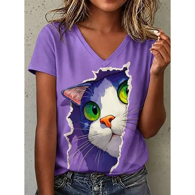 Women's V-neck T-shirt with 3D print for spring/summer, design featuring a blue cat with big eyes and a paper frame.