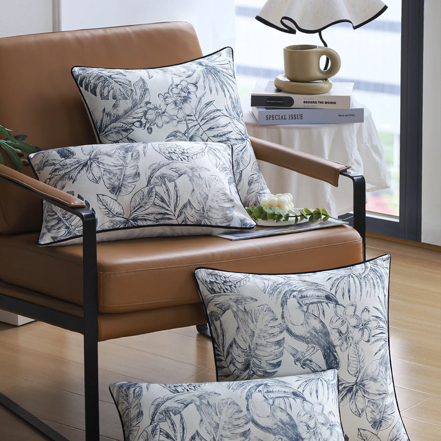 

2PCS Modern Outdoor Waterproof Cushion Cover Tropical Plant Printed Pillow Cover Sun Protection Pillowcase for Summer Home Decor