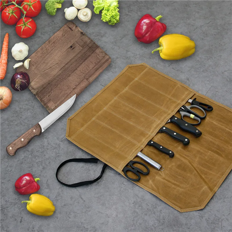 6-An waterproof wet wax canvas knife storage bag portable chef knife storage roll bag