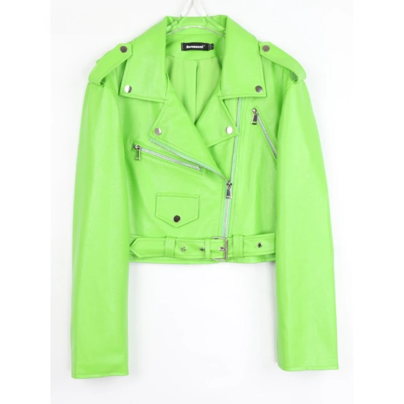 Spring Autumn Short Green Stylish Faux Leather Biker Jacket Women Zipper Long Sleeve Fashion Coat