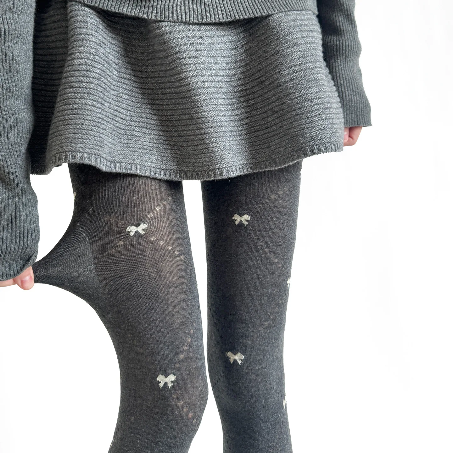 Spring Grey Knitted Bow Pantyhose with Large Diamond Pattern British Style Versatile Hottie Fashion Tights for Ladies