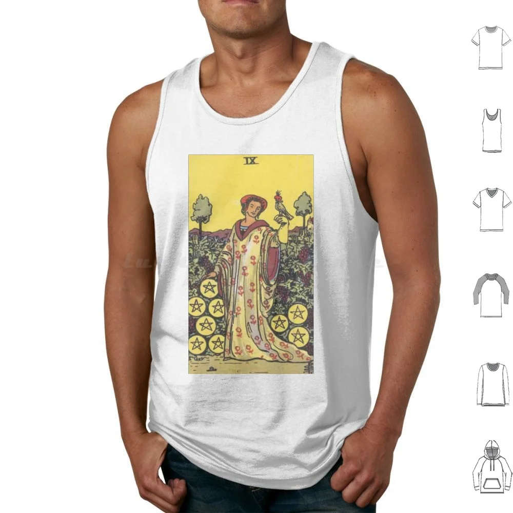 Rider-Waite Tarot, Nine Of Pentacles Camisetas sin mangas con estampado de algodón Rider Waite White Nine 9 Nine Of Pentacles Pentacles