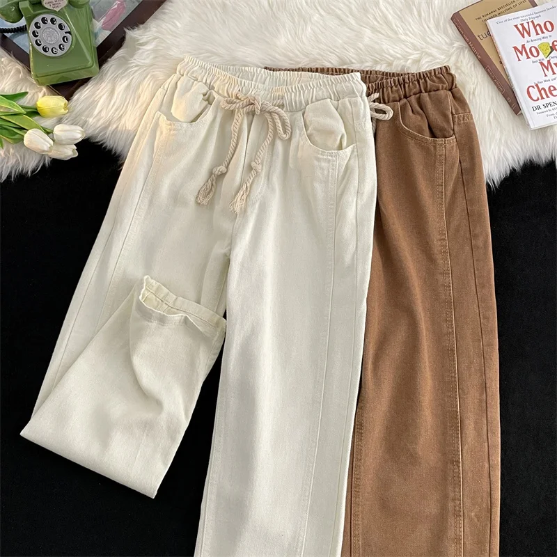 

Retro Japanese Sle Dstring Elastic Waist Men's Jeans American High Street Casual Loose Long Pants Straight Leg Fit