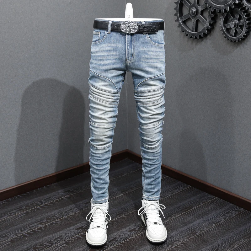 

Street Fashion Men Jeans Retro Blue Stretch Slim Fit Spliced Designer Biker Jeans Patched Hip Hop Vintage Denim Pants Hombre