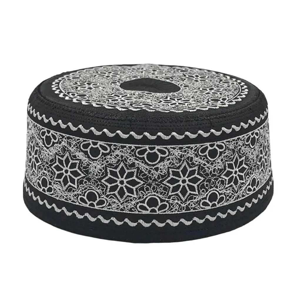 Embroidered Design Embroidered Kufi Hat Black with White Embroidery Pattern Flat Top Shape Prayer Hat Polyester Material