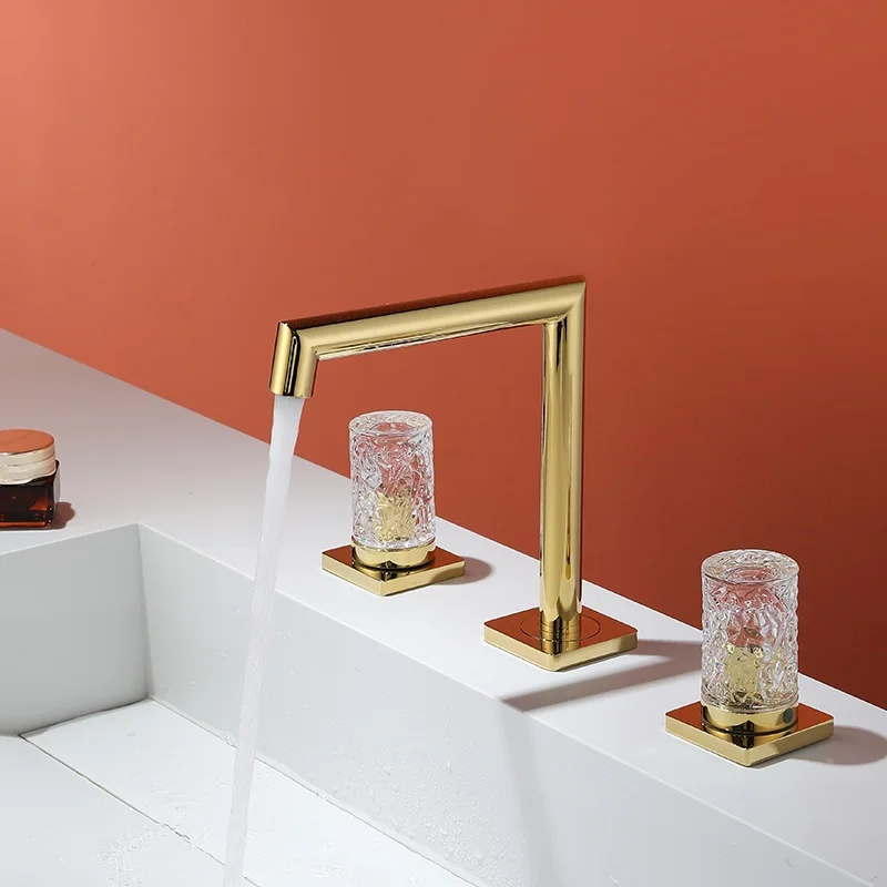 

2026 Three Hole Solid Brass Basin Faucet Hot Cold Mix Tap With Crystal Handle Polished Gold Finish Modern Square Base Design