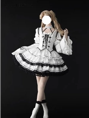 

Gothic Sweet Cool Girl Lolita Dress Evening Dresses Subculture Halter Bell Sleeve Lace Patchwork Slim Multi-layer Tutu Dress