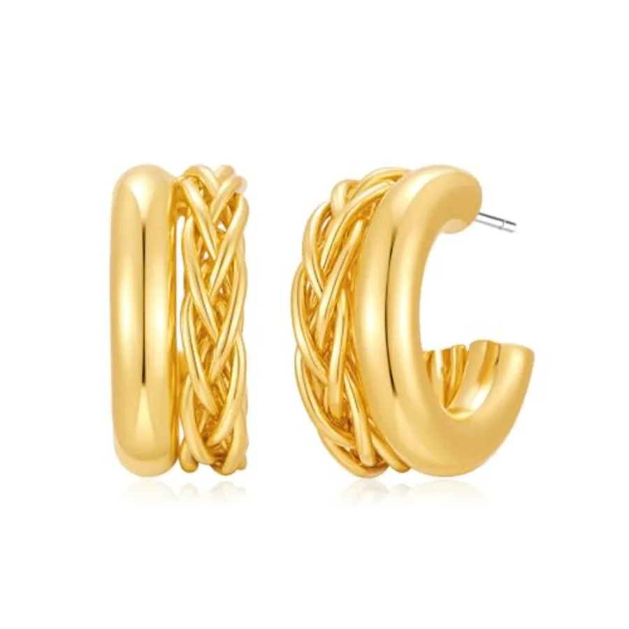 

14K Gold Plated Chunky Hoop Earrings for Women, Lightweight Hypoallergenic Non Tarnish Waterproof Twisted Small Gold C Hoops, T