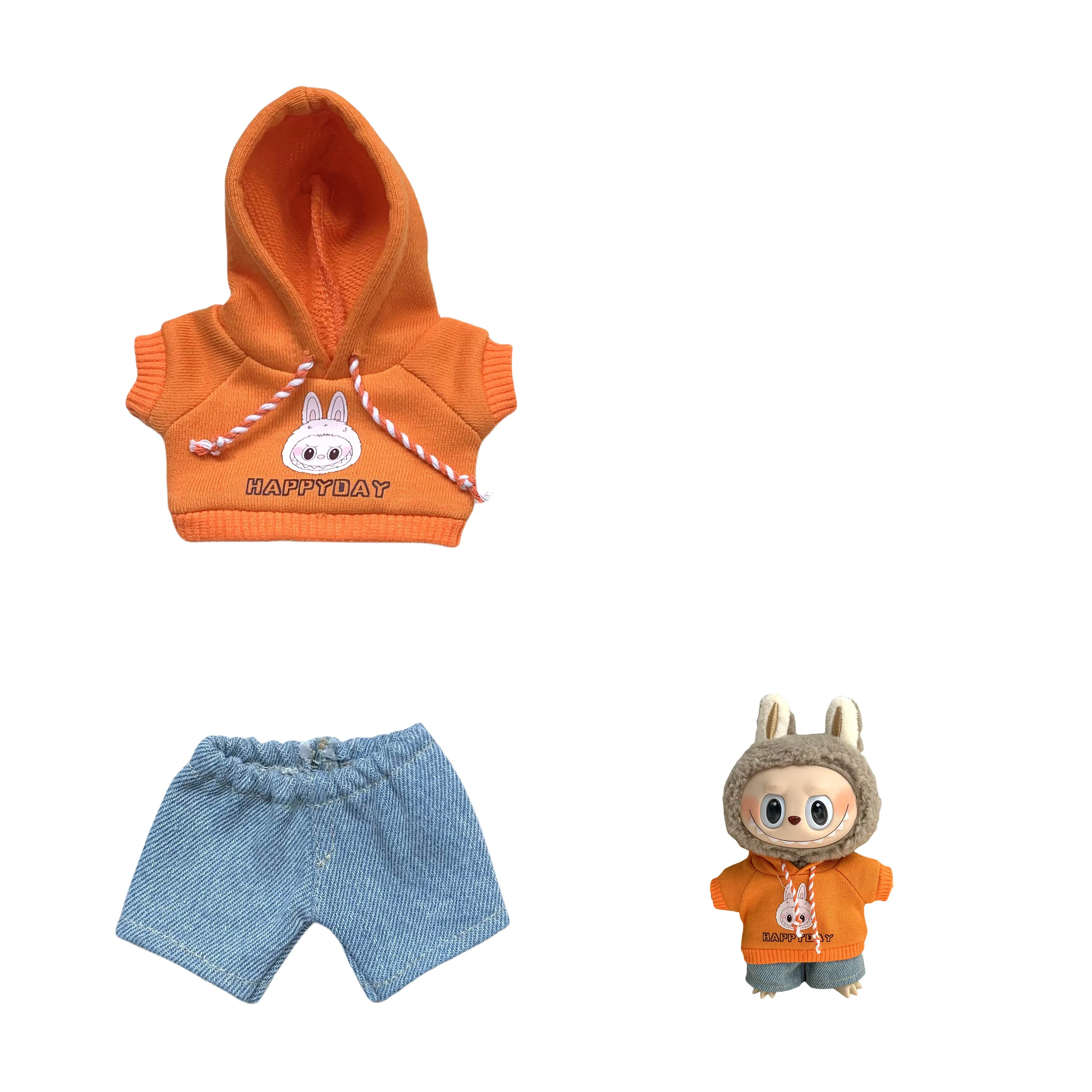 17 см мини-кукла, одежда, аксессуары для куклы Labubu, однотонная футболка с капюшоном, короткая шляпа, сумка, одежда, подарок, игрушка для девочки