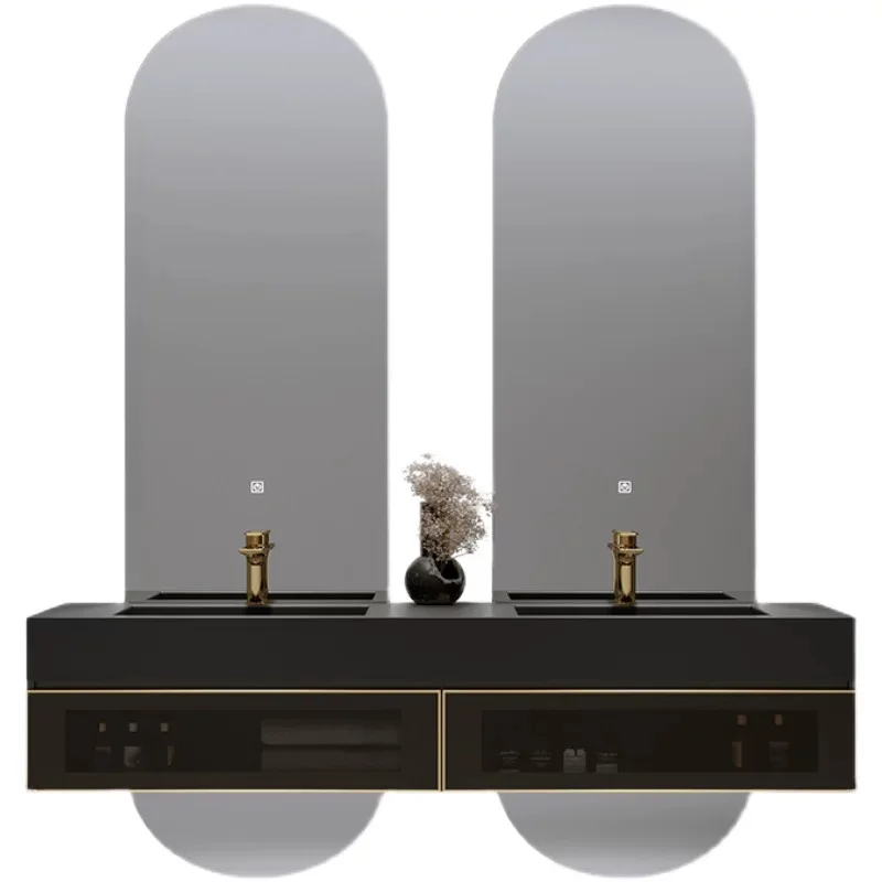 

New wall-mounted marble design brushed gold stainless steel bathroom vanity with mirror cabinet