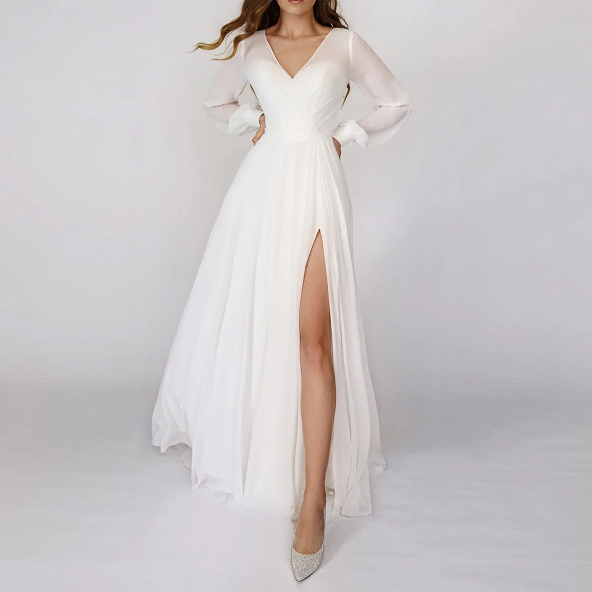 White Chiffon Slit Long Sleeve V-Neck Floor Length Skirt Women Banquet Elegant Wedding Dress Party Prom Gown Maxi Evening Dress