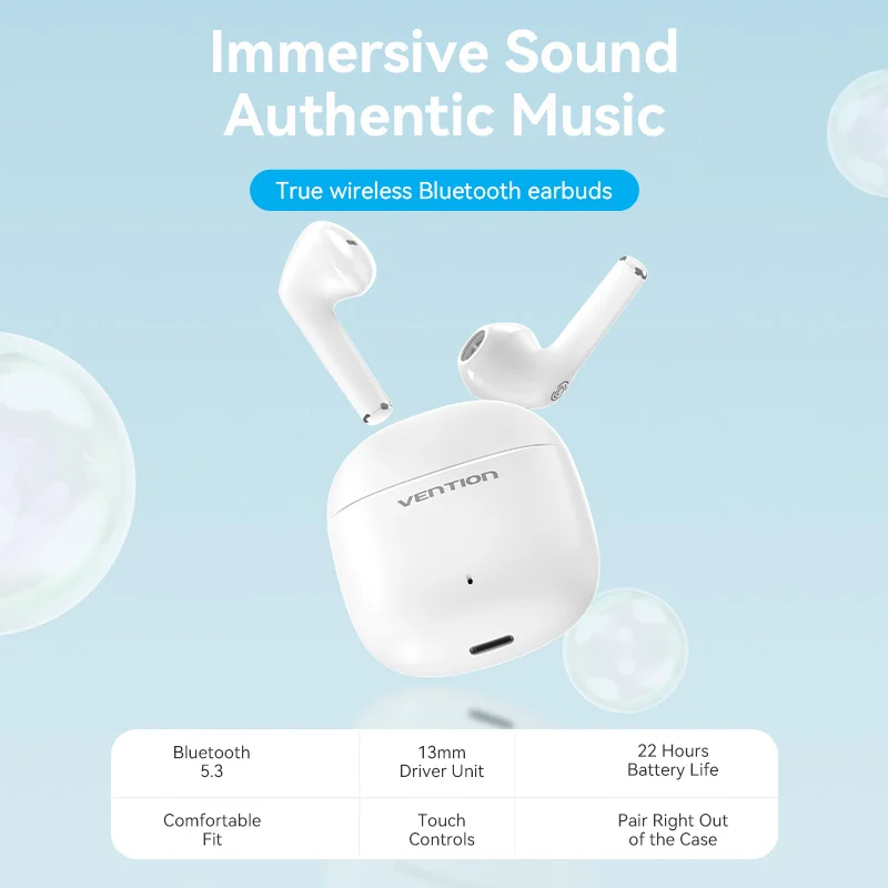 Vention Bluetooth 5.3 Écouteurs TWS True Wireless Casque USB-C Étanche Stéréo Écouteurs avec Micro Hi-Fi Contrôle Tactile Sports