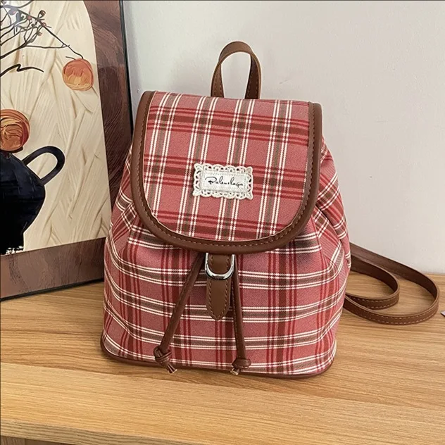 

2025 New Retro Plaid Tote Bag Fashion Canvas Bag Simple Unique Drawstring Backpack College Style School Bag for Women Designer