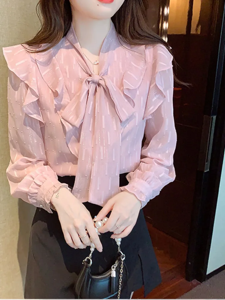 #3236 Spring Pink Chiffon Shirts Blouse Thin Sexy Bow Collar France Style Vintage Office Blouse Femme Slim Fit Spliced Ruffles