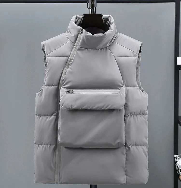 New Round Neck Vest Men's Autumn Winter Cotton Thickened Thermal Vest Youth Fashion Side Zipper Sleeveless Coat Pullover Y2k