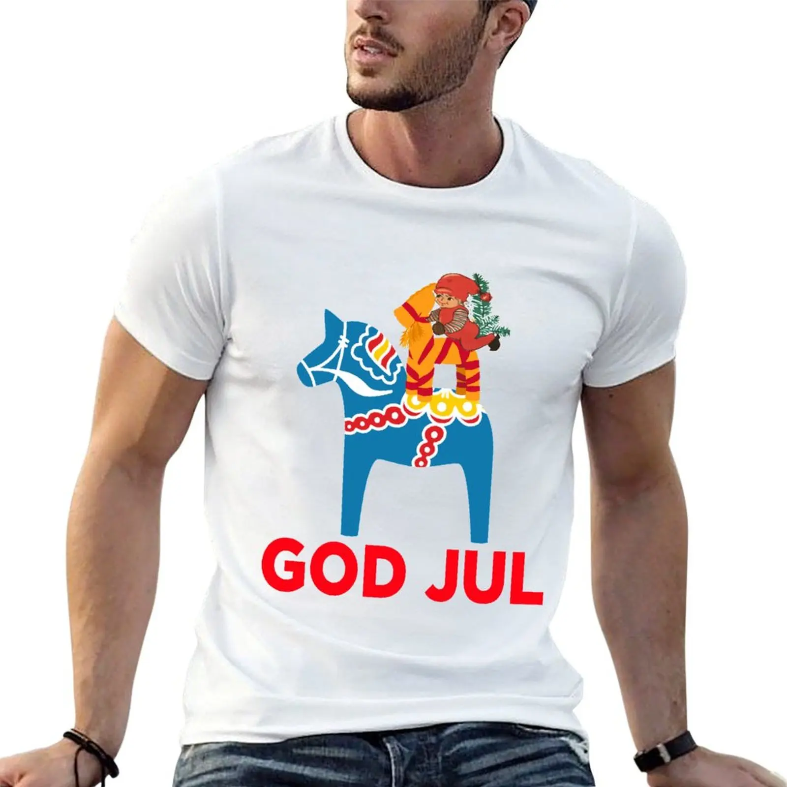 

God Jul Merry Christmas Dala Horse Tomte Julbock Straw Goat T-Shirt Aesthetic clothing topping mens t shirts pack