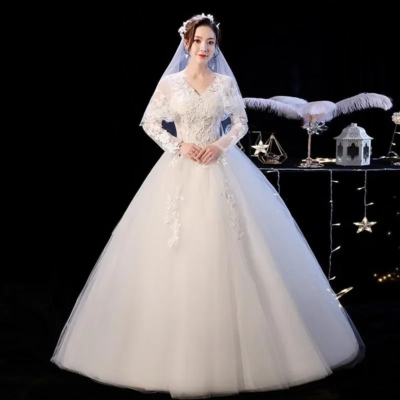 Cheap Wedding Dress White Tulle Embroidery V-neck Full Sleeves Lace up Sequins Princess Floor length Plus size Bride Ball Gowns